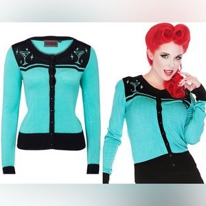 Voodoo Vixen Martini Time Aqua and Black Cardigan Small